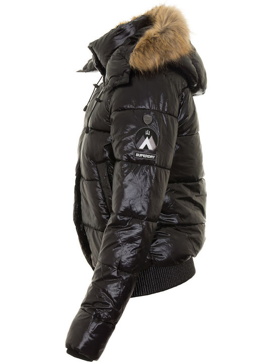 High Shine Toya Κοντό Γυναικείο Puffer Μπουφάν με Γούνινη Κουκούλα για Χειμώνα Μαύρο