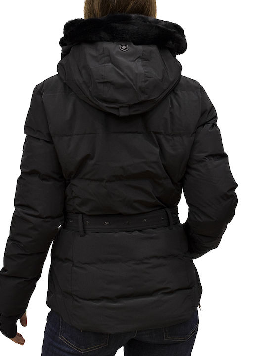 Tivana Kurz Damen Puffer Jacke mit pelziger Kapuze für Winter Schwarz