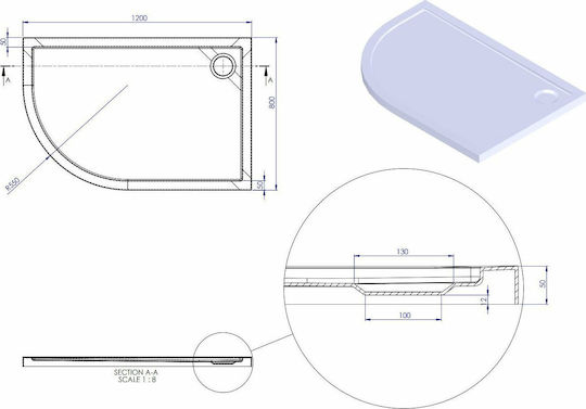 Sirene Extra Flat U-Shaped Acrilic Duș 120x80cm Albă