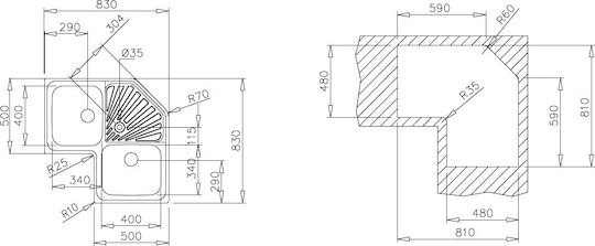 Teka Angular 2C 1E Ένθετος Νεροχύτης Γωνιακός Inox Σατινέ Μ83xΠ50cm Ασημί