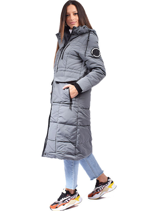 Superdry Longline Everest Women's Long Puffer Jacket for Winter with Hood Gray
