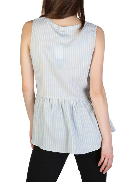 Armani Exchange Women's Linen Striped Sleeveless Shirt Light Blue