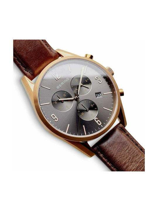 Bering Time Ανδρικό Ρολόι 42mm Χρονογράφος Μπαταρίας με Καφέ Δερμάτινο Λουράκι