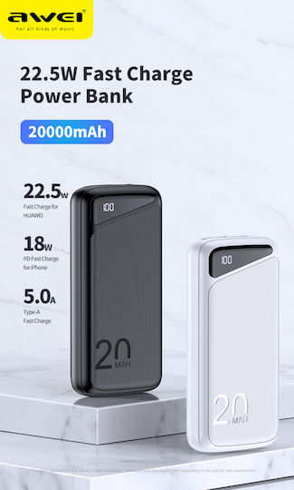 Awei P104K Power Bank 20000mAh 22.5W with 2 USB-A Ports and USB-C Port Power Delivery Black