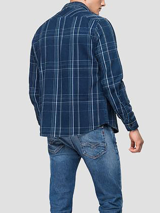 Replay Men's Shirt Long Sleeve Cotton Checked Blue