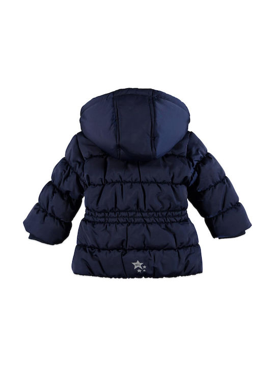 Girl's hooded jacket in blue color with ruffle on the waist and zip closure in orange color by Babyface