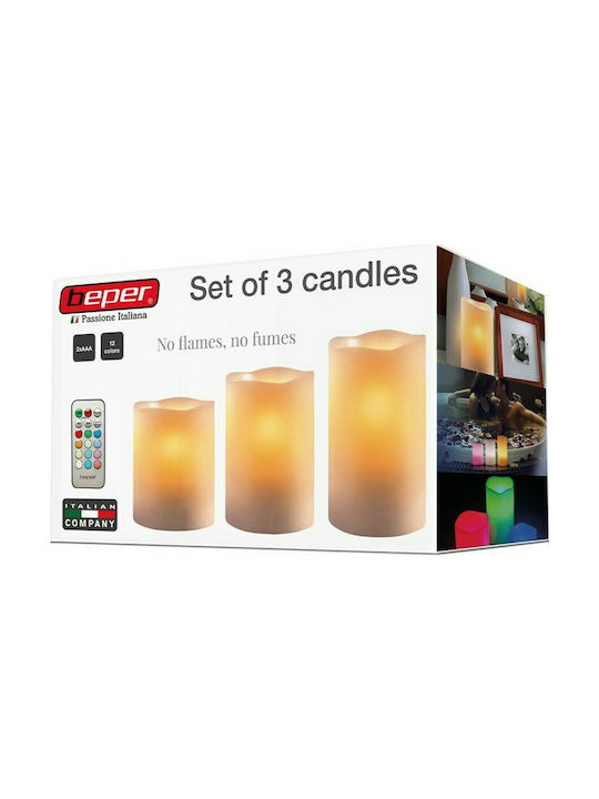 Beper Set of 3 real candles with LED lighting 12 colors and remote control Decorative Lamp Wax Polish White