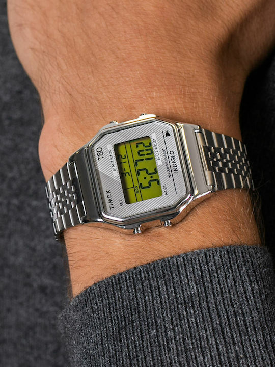 Timex T80 Digital Men's Watch 34mm Chronograph Battery with Silver Metal Bracelet