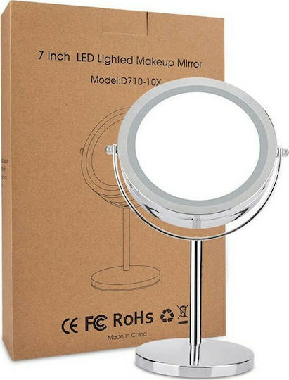 Makeup Mirror Tabletop with Light Zoom x10 18x33cm Silver