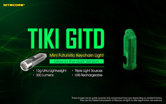 NiteCore Rechargeable Keychain Flashlight LED UV IP66 with Maximum Brightness 300lm Tiki Gitd Glow in The Dark Green Silver