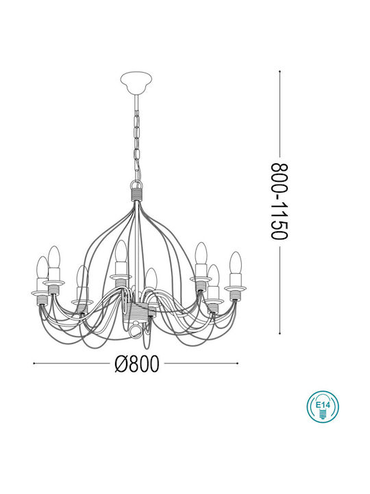 Ideal Lux Corte SP8 Chandelier Candlestick 8xE14 Black 80cm 057194