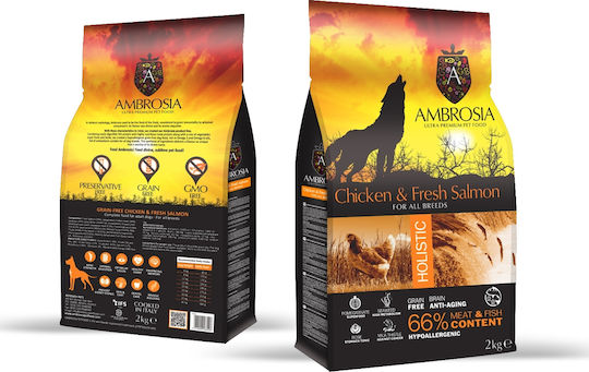 Ambrosia Chicken & Fresh Salmon 2kg Dry Food Grain-Free for Adult Dogs with Salmon and Chicken