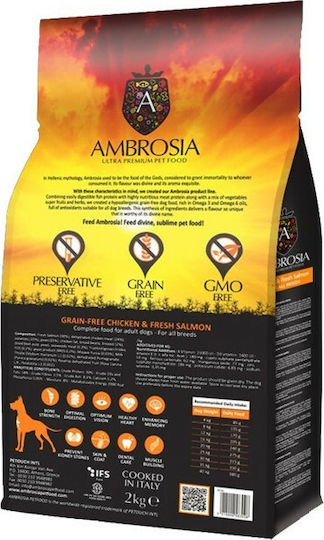 Ambrosia Chicken & Fresh Salmon 12kg Dry Food Grain-Free for Adult Dogs with Salmon and Chicken
