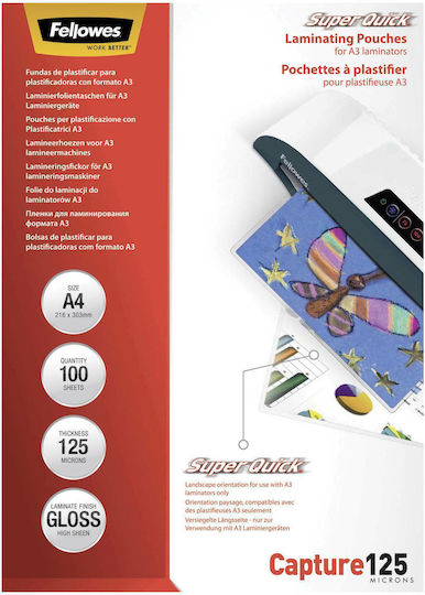 Fellowes SuperQuick A4 Glossy 125 Micron Φύλλα Πλαστικοποίησης Ζελατίνες Πλαστικοποίησης Γυαλιστερές 125 microns 100τμχ