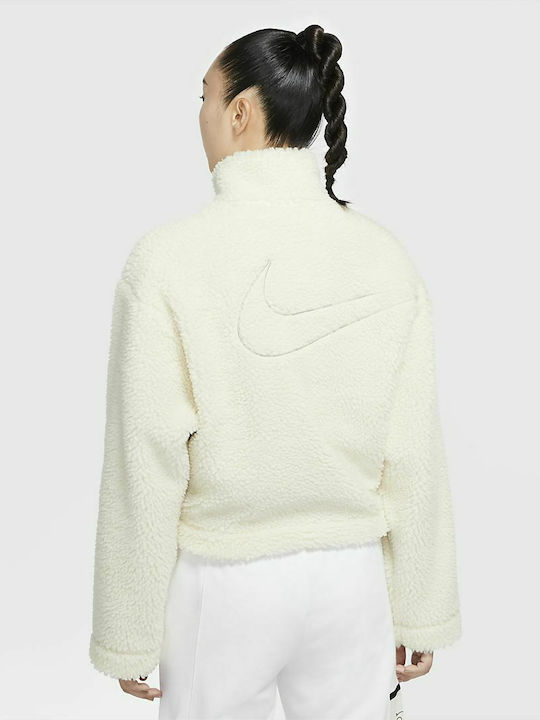 Nike Swoosh Κοντή Fleece Γυναικεία Ζακέτα με Φερμουάρ σε Λευκό Χρώμα