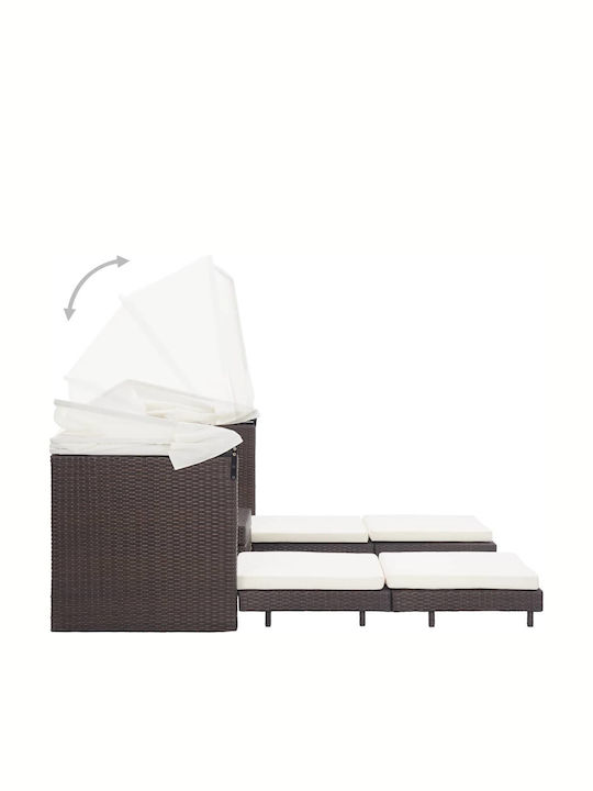 Șezlong Pat Triplu Rattan cu Pernă și Parasolar Maro 200x185x70cm
