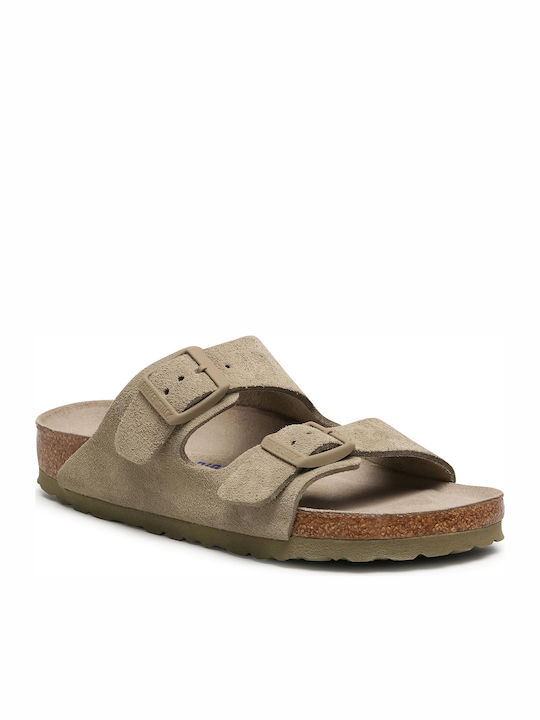 Arizona Soft Footbed Suede Leather Women's Flat Sandals Anatomic in Khaki Color Narrow Fit