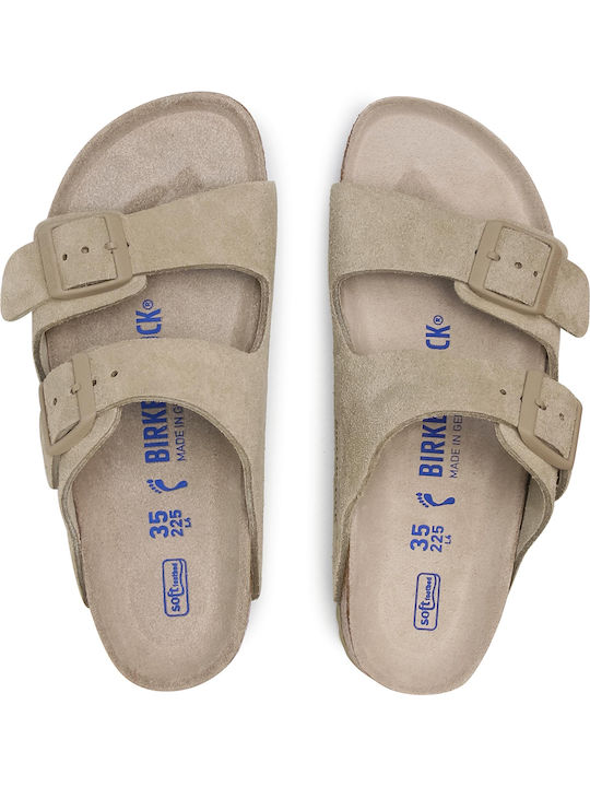 Arizona Soft Footbed Suede Leather Women's Flat Sandals Anatomic in Khaki Color Narrow Fit