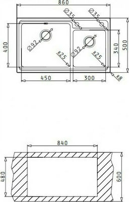 Pyramis Studio 2B Ένθετος Νεροχύτης Inox Σατινέ Μ86xΠ50cm Ασημί