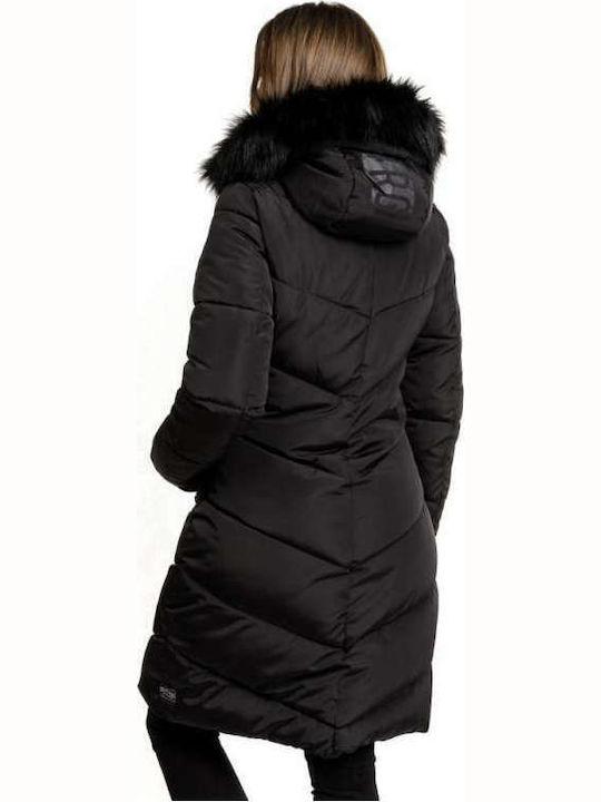 Devergo Women's Long Puffer Jacket for Winter with Hood Black