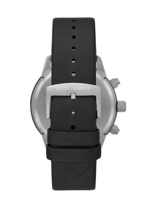 Emporio Armani Mario Ανδρικό Ρολόι 44mm Χρονογράφος Μπαταρίας με Μαύρο Δερμάτινο Λουράκι