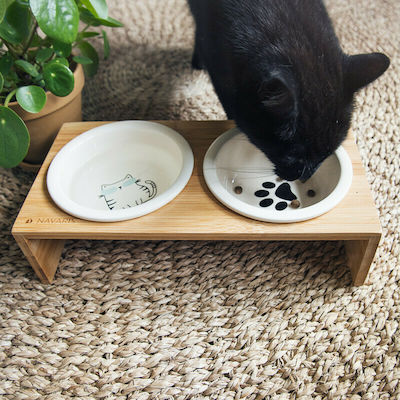 Navaris Raised Pet Bowls Stand Ceramic Cat Bowl for Food & Water White with Stand Set Of 2 Units 350ml