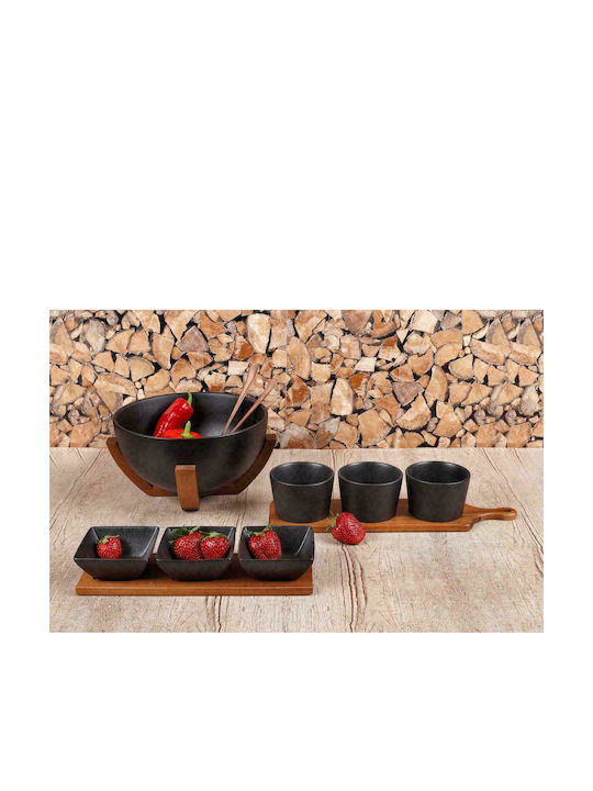 Cryspo Trio Acacia Porcelain Salad Bowl Black 25.5x25.5x12.5cm