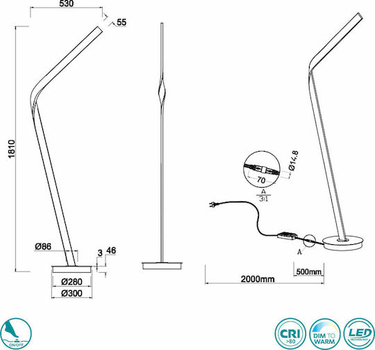 Cinque Cicenza LED Floor Lamp H181xW30cm. with Natural White Light 4500lm Black