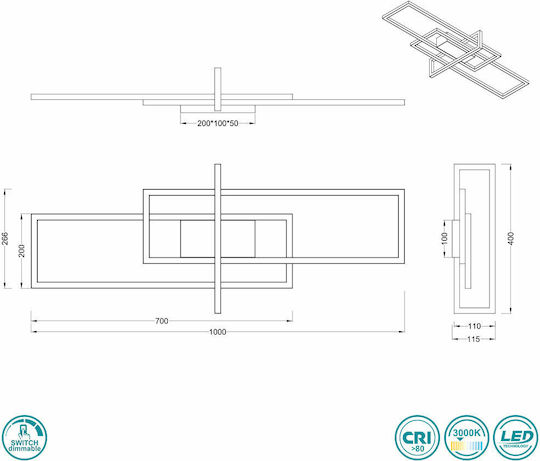 Trio Lighting Salinas Πλαφονιέρα Οροφής 100εκ. Μαύρη με Ενσωματωμένο LED
