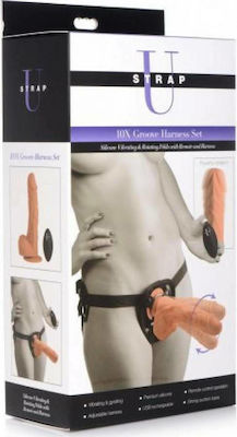 Strap U 10x Groove Harness with Vibrating & Rotating Silicone Dildo with Dildo 21cm Flesh