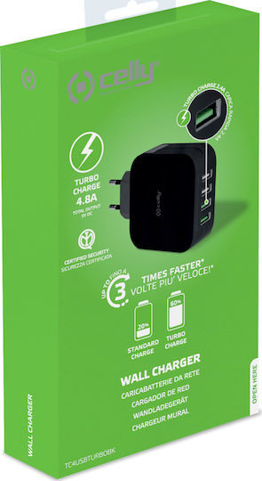 Celly Ladegerät ohne Kabel mit 4 USB-A Anschlüsse Schwarzs (TC4USBTURBO)