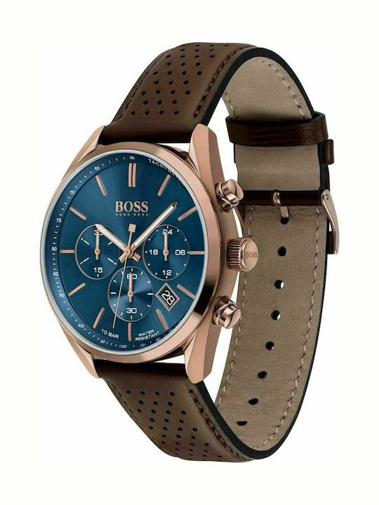 Boss Champion Men's Watch 44mm Chronograph Battery with Brown Leather Strap