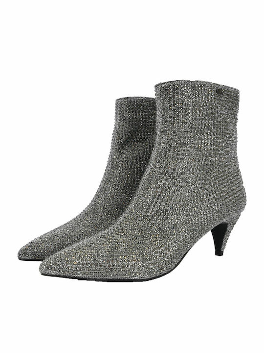 Blaine Glitter Γυναικεία Μποτάκια Αστραγάλου με Μεσαίο Τακούνι Ασημί