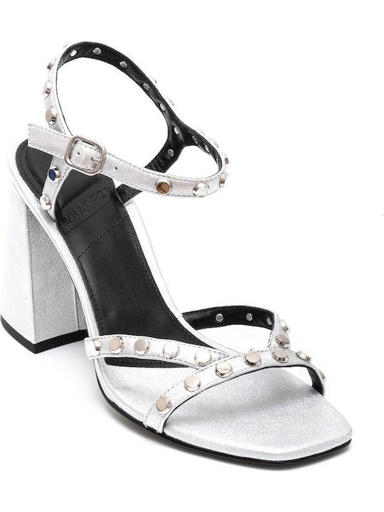 What For Leather Women's Sandals 150WF Silver with Chunky High Heel