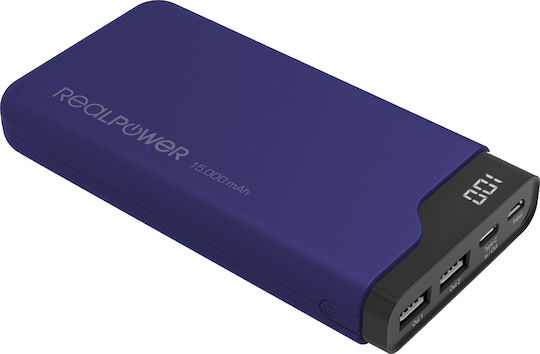 RealPower PB-15000C Power Bank 15000mAh mit 2 USB-A Anschlüssen und USB-C Anschluss Blau