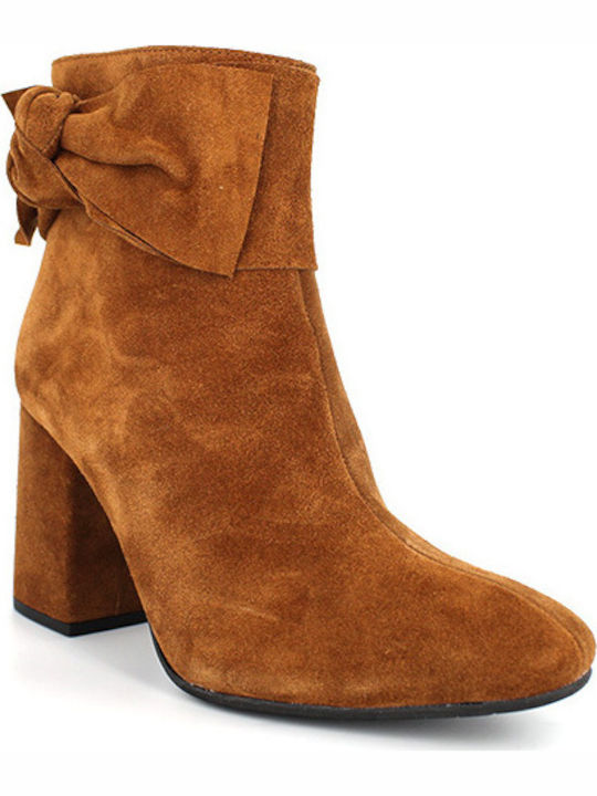 Moods Shoes 3162 Suede Women's Ankle Boots with High Heel Tabac Brown