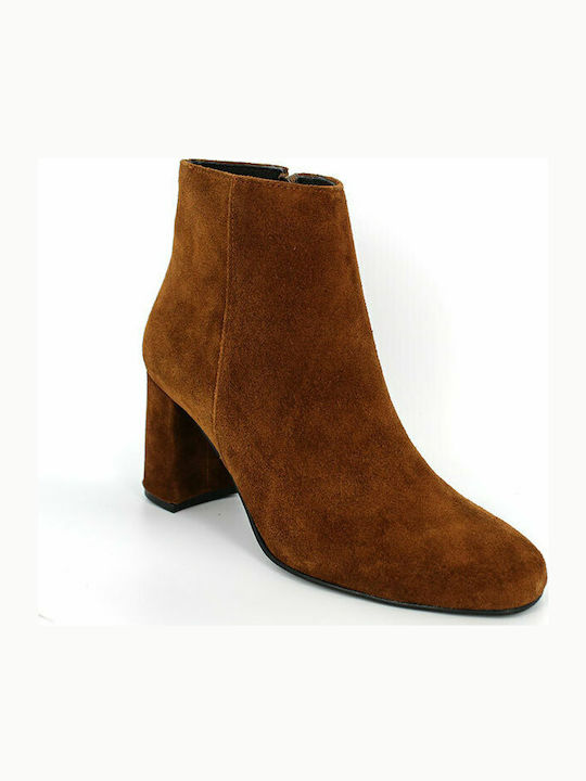 Moods Shoes 7628 Suede Women's Ankle Boots with High Heel Tabac Brown