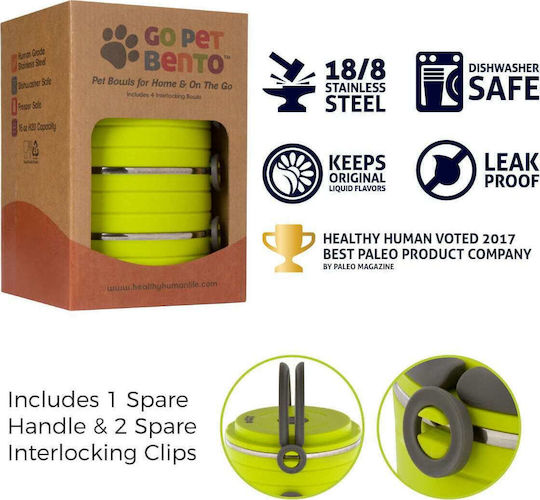 Healthy Human On The Go Pet Bento Edelstahl Schalen Futter & Wasser für Hund & Katze 450ml in Grün Farbe 3Stück