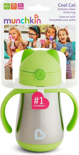 Munchkin Cool Cat Toddler Metal Cup with Handles and Straw 237ml for 18m+ Green