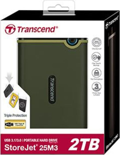 Transcend StoreJet 25M3 USB 3.0 Εξωτερικός HDD 2TB 2.5" Military Green
