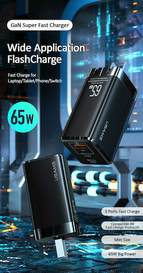 Usams GaN Charger With USB-A Port And 2 USB-C Ports And USB-C Cable 65W Power Delivery Quick Charge 3.0 Black (MTXLOGTC01)