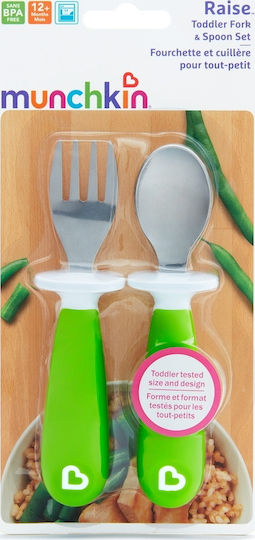Munchkin Baby Set with Fork Raise Toddler Fork & Spoon from Metal for 12+ Months Green 2 Pieces