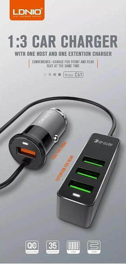Ldnio C61 Car Charger 35W 3A Fast Charging with Ports 4xUSB-A Black Color