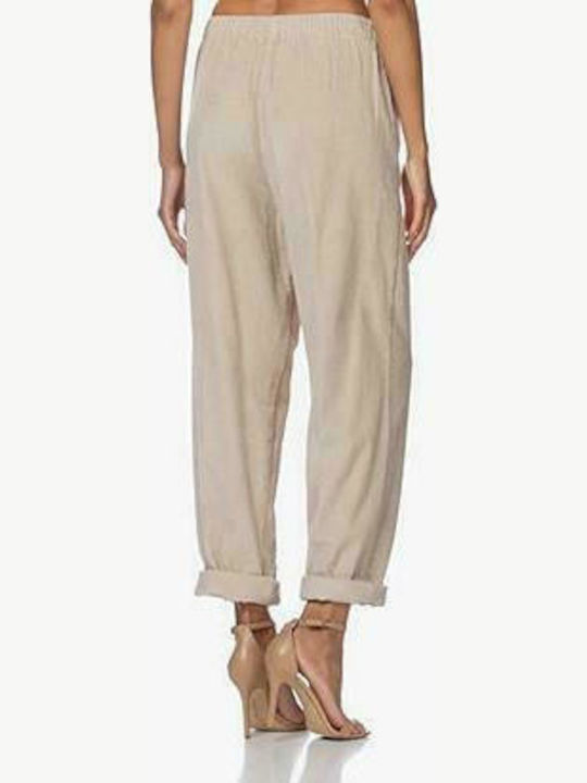 American Vintage Women's High Waisted Cotton Pantaloon Elastic Waistband Mom Fit In Beige Colour