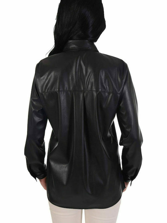 Twenty 29 Women's Leather Monochrome Long Sleeve Shirt Black