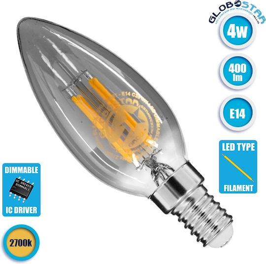 GloboStar Edison Retro LED-Lampe 4W 98mm für Fassung E14 und Form C35 Warmes Weiß 400lm Dimmbar
