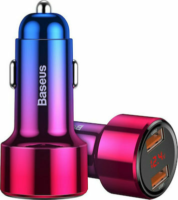 Baseus Încărcător Auto Multicolor Magic Series de Intensitate Totală 6A Încărcare Rapidă cu Porturi: 2xUSB și Voltmetru de baterie