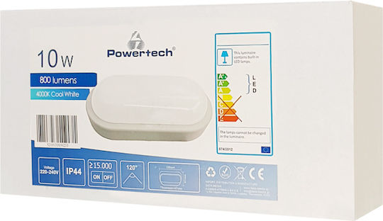 Powertech Wall-Mounted Outdoor Ceiling Light LED IP44 10W with Cool White Light 16x9x4.4εκ.