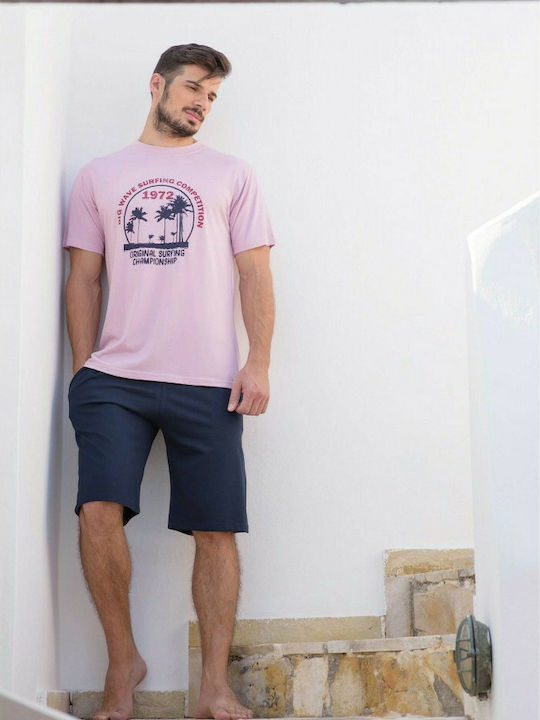 Herren Schlafanzug aus Baumwolle mit einfarbig blauen Shorts und fliederfarbenem T-Shirt, Harmony 82310