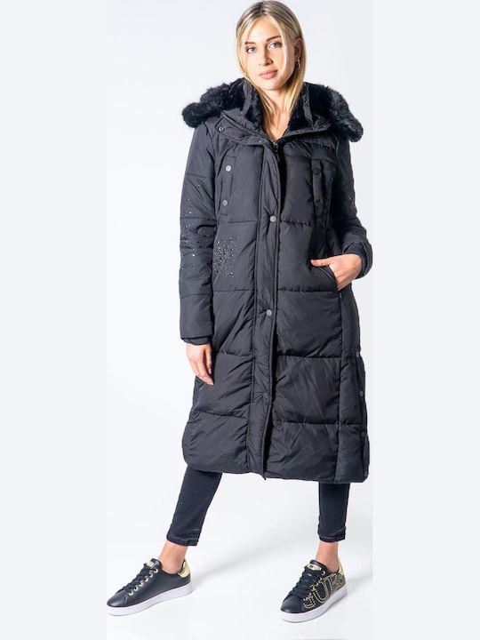 Katia Lungă Jachetă de femei Puffer cu glugă de blană Negru